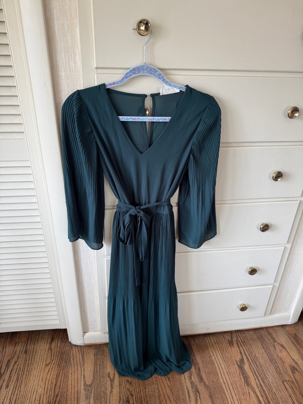 Baltic Born Teal Green Maxi Dress with Pleated Sleeves and Waist Tie